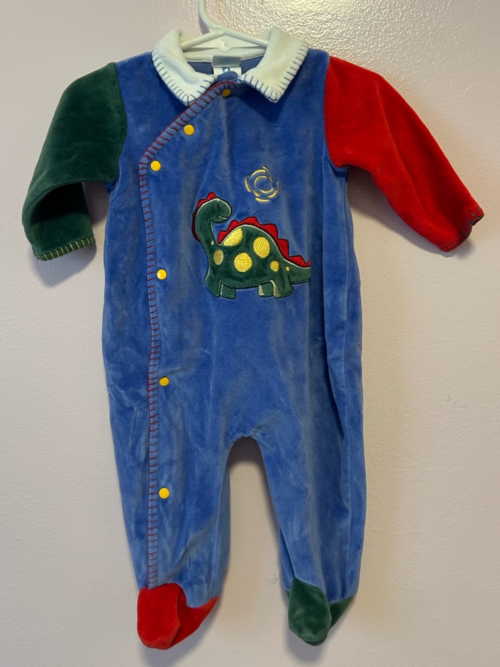 Little Me Blue Velvet Dinosaur One-Piece with Red and Green Accents